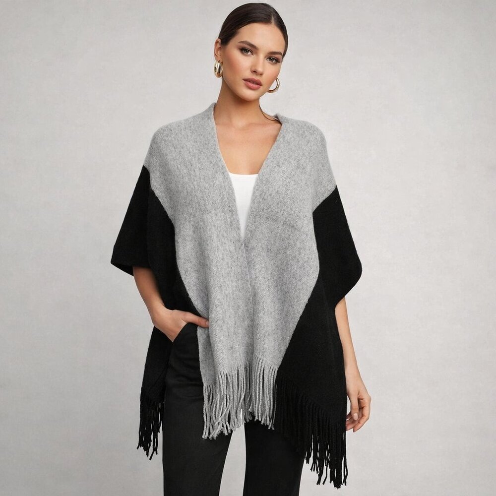 Dual Toned Soft Scarf Shawl Knitted with Tassels Grey Black NWT